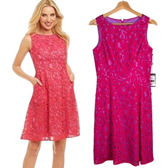 ADRIANNA PAPELL PINK ORCHID FLORAL LACE SLEEVELESS FIT AND FLARE DRESS - Picture 1 of 13